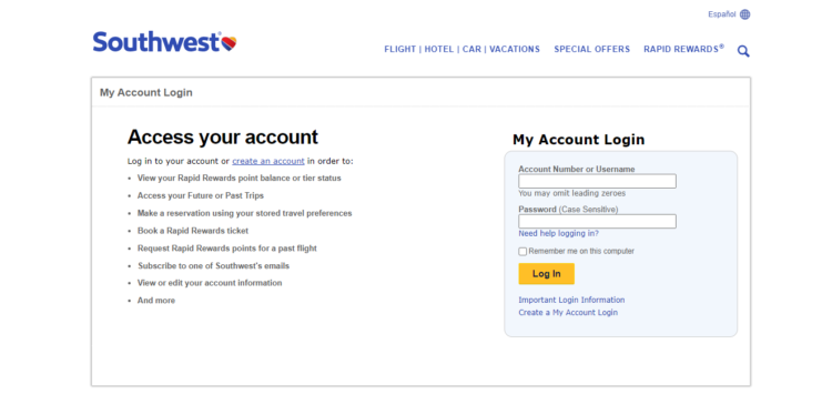 Southwest account Login